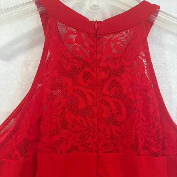 Red Lace Halter Midi Dress BBonfinedress Ruched Tulip Hem Cocktail Womens M NWOT - Picture 7 of 8